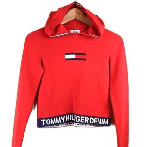 TOMMY HILFIGER Retro (2014) Cropped Hooded Pullover Knit Sweater in Red - Small